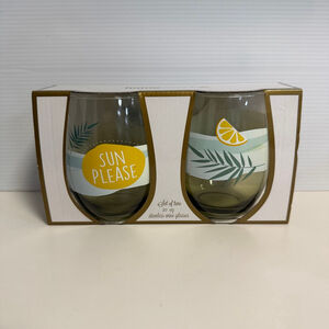 Home Essentials Stemless Wine Glasses Set of 2 Green Yellow NEW Lemon Sun Please